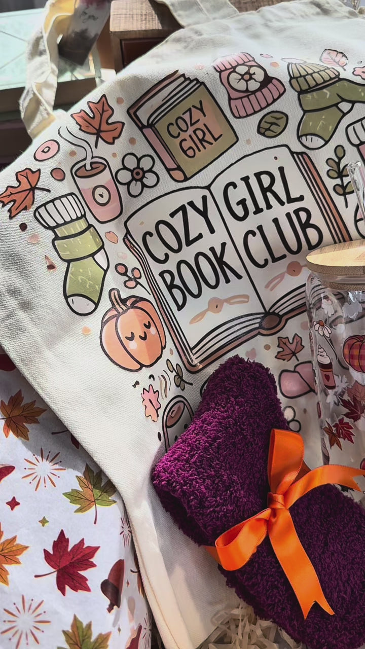 Autumn Blind Date Book Box | Surprise Book, Fall Glass Cup, Pumpkin Candle, Fall Tote Bag, Cloud Socks